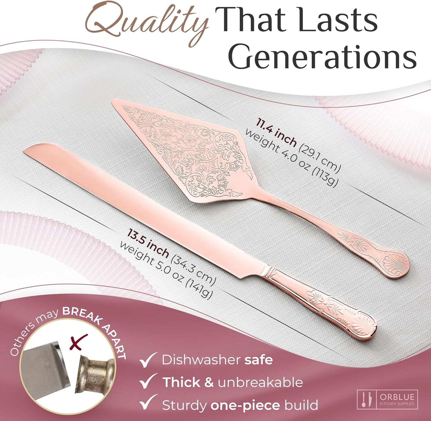Orblue Wedding Cake Knife and Server Set - Premium, Beautifully Engraved Cutting Set - Elegant Keepsake for Newlyweds Rose Gold
