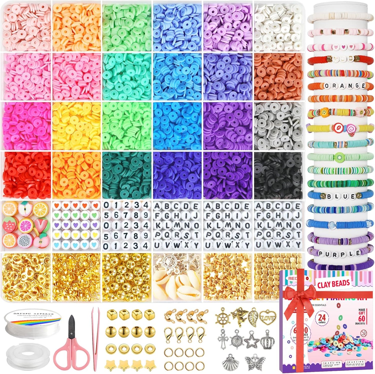 Redtwo 6200 Clay Beads Bracelet Making Kit, 24 Colors Flat Preppy Beads for Friendship Bracelets, Polymer Clay Bead with Charms for Jewelry Making, Crafts Gifts for Girls Ages 6-12