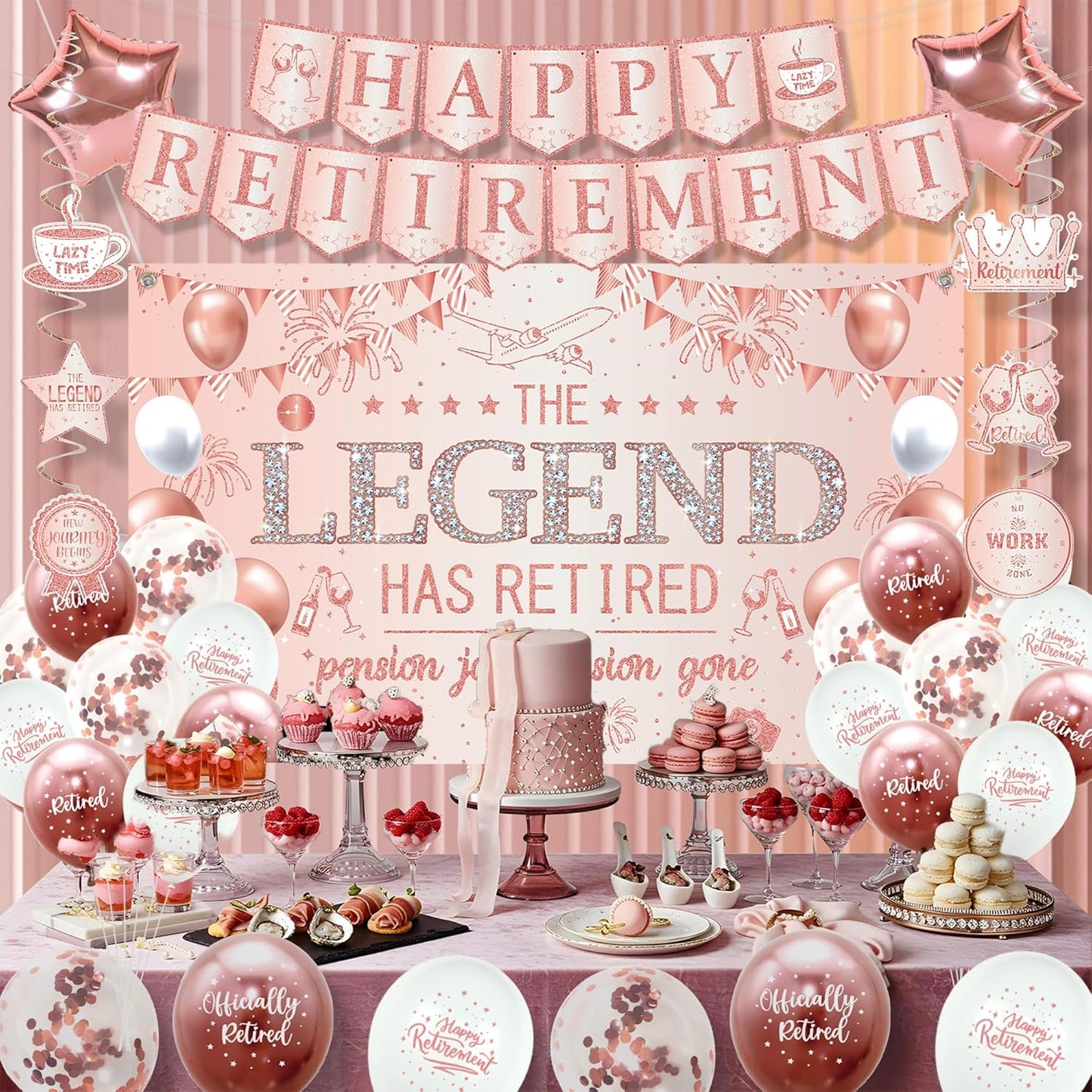 Roetyce Retirement Party Decorations Women, Rose Gold Happy Retirement Banner Backdrop Balloons Hanging Swirls for Coworker Family, Pink Lengend Has Retired Sash & Crown, Office Retired Background