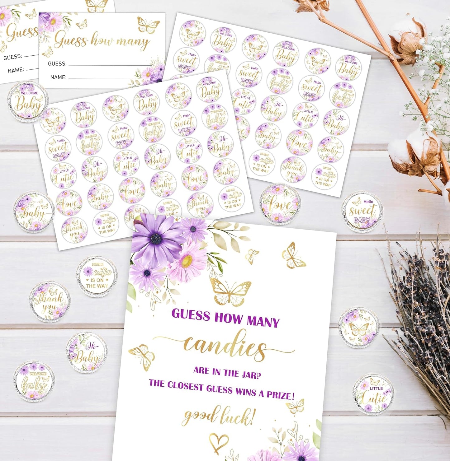 How Many Candies Baby Shower Games, How Many Candies Standing Sign 50 Guessing Cards 180 Baby Shower Candies Stickers, Guess How Many Candies Baby Showers Game Set for Baby Shower Decoration (Purple)