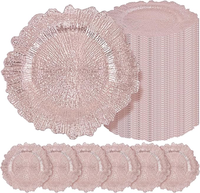 50 Pcs Rose Gold Charger Plates Bulk 13 Inch Plastic Charger Plates for Dinner Plate, Rose Gold Chargers for Table Setting, Reef Design Plate Floral Decorative Round Chargers for Wedding Party, Event