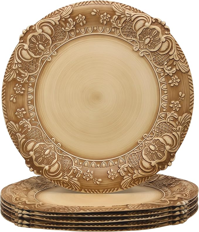 13-Inch Vintage Embossed Charger Plates, Set of 6 - Decorative Antique Gold Plastic Underplates for Dinner Party, Wedding, and Holiday Table Decor - Durable & Reusable Service Plates