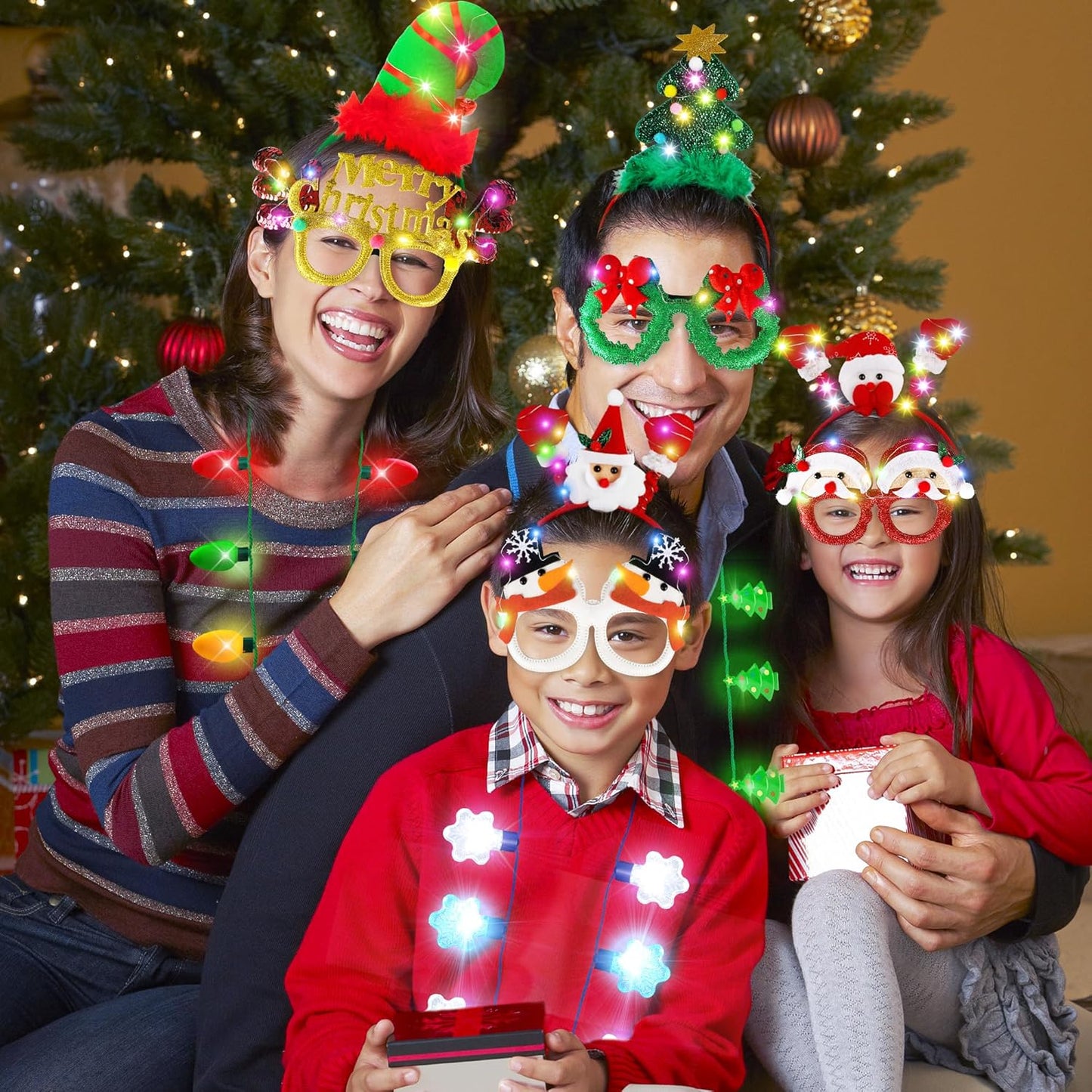 24 PCS Christmas Party Favors, Light Up Candy Cane Snowflake Tree Bulb Necklace LED Headwear Glow Eyeglasses Set for Bulk Xmas Gifts, Christmas Ugly Sweater Party Supplies, Christmas Accessories