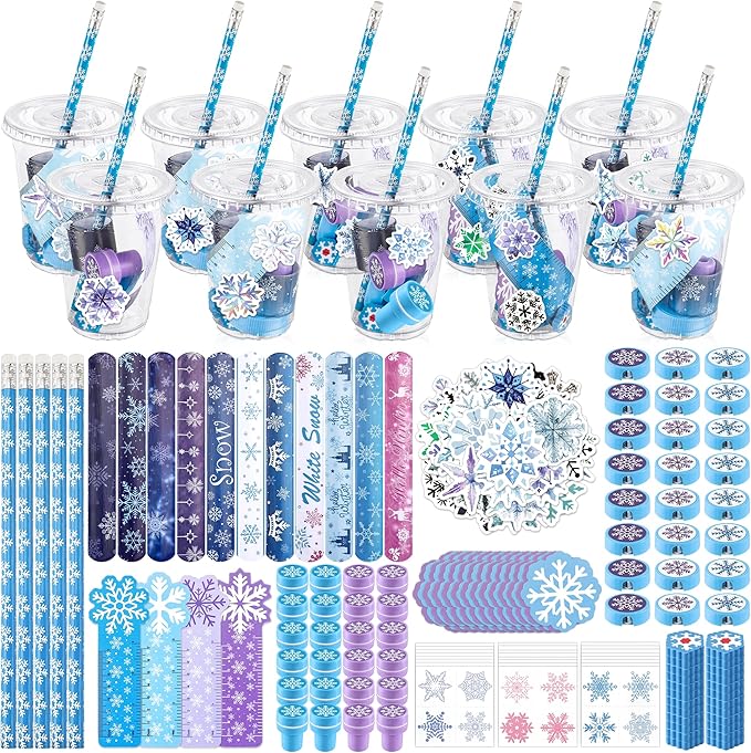 24 Set Winter Holiday Stationery Party Favors, Winter Snowflake Party Gifts, Holiday Stationery Gift Cups Filler with Sticker Stamper Ruler for Birthday Stocking Goodie Bags Exchange Gift