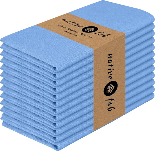 Native Fab Cloth Dinner Napkins, Set of 12, 17"x17", Soft, Absorbent, 100% Cotton, Restaurant Hotel Quality - Cocktail Napkins, Wedding, Dinner Napkins - Everyday Use, Easy Care Washable - Sky Blue