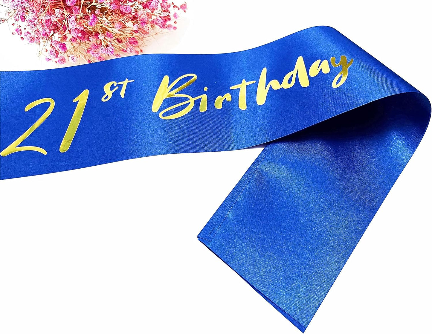 21st Birthday Sash, Blue Satin Soft Sashes with Gold Foil Letter, Birthday Decorations for Girls or Boys, Happy 21st Birthday Party Favor Supplies,Blue Gold