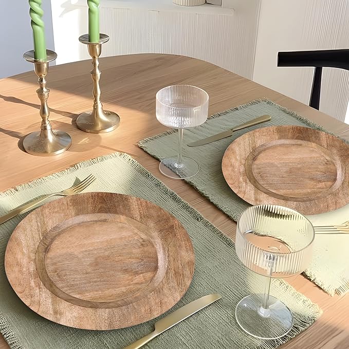 Lightnpro Natural Wood Dinner Plates - Wooden Round Charcuterie Boards, Serving Platters for Food, Cheese Tray, Dessert Salad Plate, Wood Charger Plates - Set of 2, 13 Inch