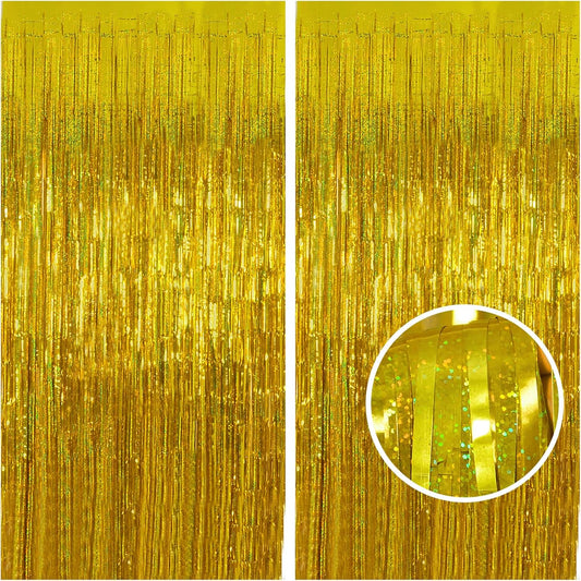 Melsan Gold Foil Curtain, 2 Pack 3.2 ft x 8.2 ft Tinsel Foil Fringe Curtains Backdrop, Sparkle Metallic Foil Fringe Curtains for New Year Party Birthday Decorations Photo Booth Props