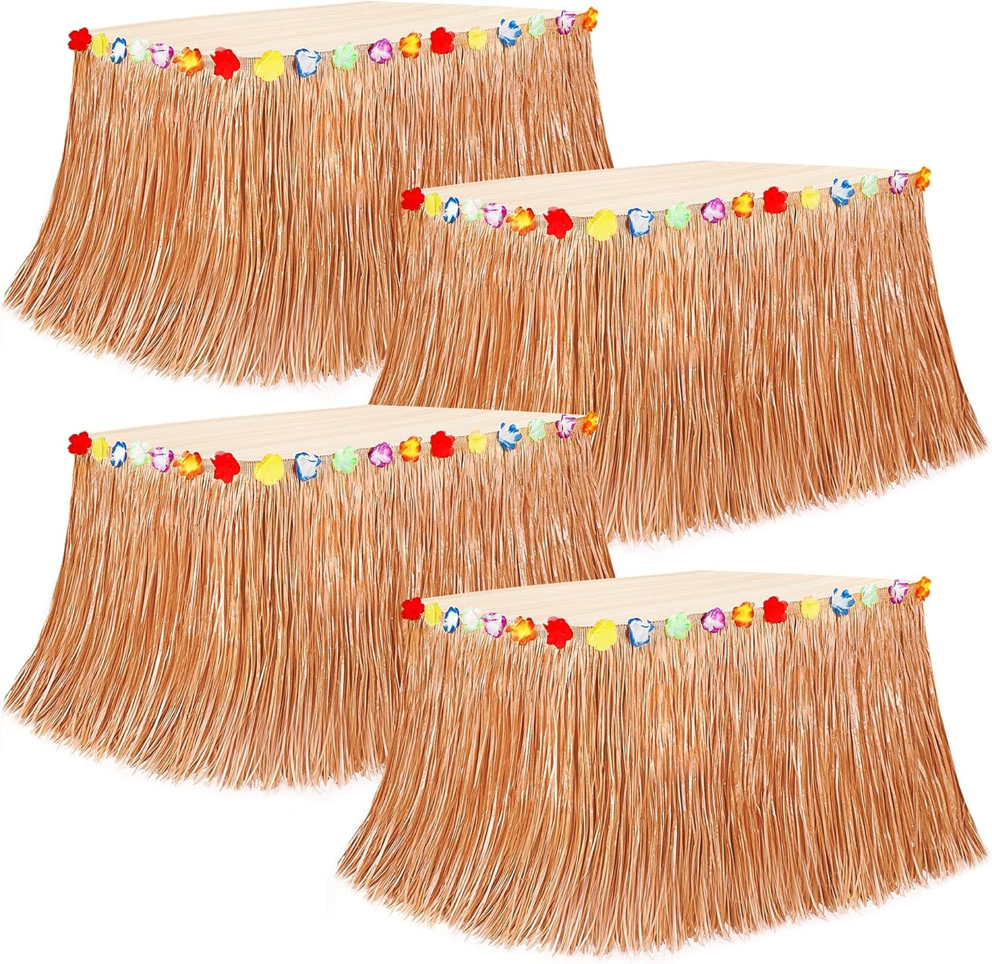 4PCS Hawaiian Table Skirt Decor, Yellow Luau Themed Grass Table Skirt Party Decorations, 108 X 29.5" Flower Tropical Hula Dance Parties Supplies, Table Skirt Bulk for Summer Beach Themed Activities