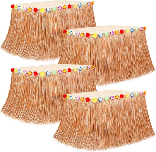 4PCS Hawaiian Table Skirt Decor, Yellow Luau Themed Grass Table Skirt Party Decorations, 108 X 29.5" Flower Tropical Hula Dance Parties Supplies, Table Skirt Bulk for Summer Beach Themed Activities