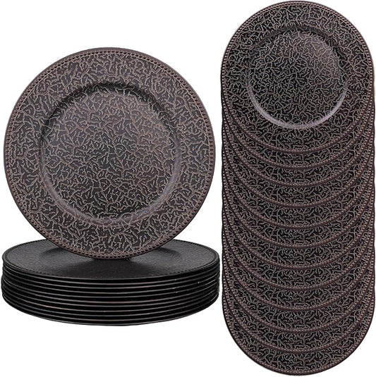 Brown Chargers for Dinner Plates with Beaded, Set of 12 Plastic Bulk Wedding Charger Plates for Thanksgiving, Christmas, Holiday Party Table Setting.