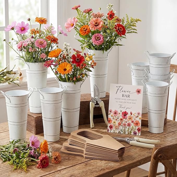 LEIFIDE 45 Pcs Flower Bar Buckets Set Kit Bloom Bar Supplies Include Wood Sign Gift Bags Iron Bucket Garden Flower Shears for Valentine Days Wedding Bridal Shower Table Centerpieces (White)