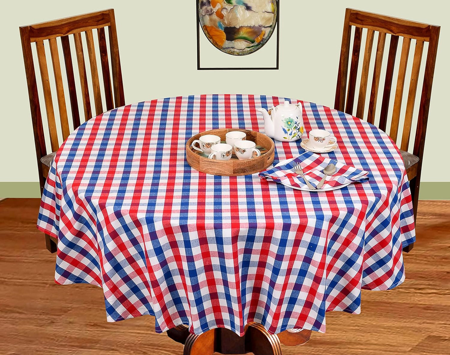 Urban Villa Tablecloth Check Table Cloth Tabletop Cover Kitchen Dining Tablecloth 100% Cotton Great for Parties Wedding Holiday Dinner Red/Blue/White Round 70 Inches 4-6 Seats Table Cloth