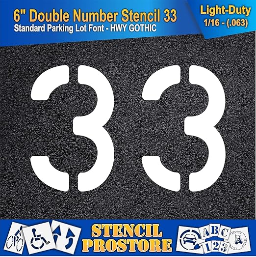 Pavement, Curb, and WheelStop Stencils - 6 inch Double Number Stencil - (33) - 6" x 9" x 1/16" (63 mil) - Light-Duty