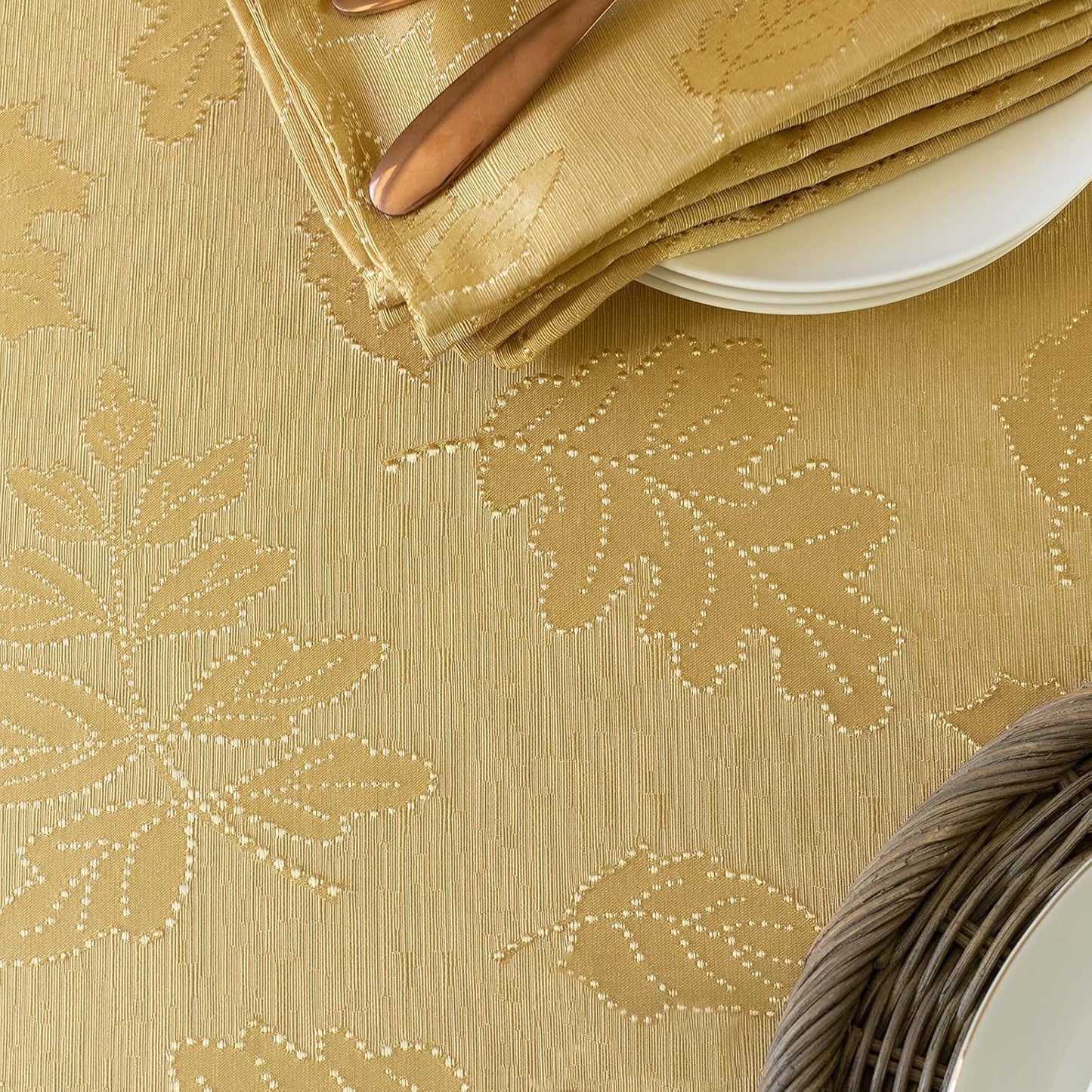 Benson Mills Harvest Legacy Damask Fabric Table Cloth Fall, Harvest, and Thanksgiving Tablecloth (Gold, 60" x 120" Rectangular)