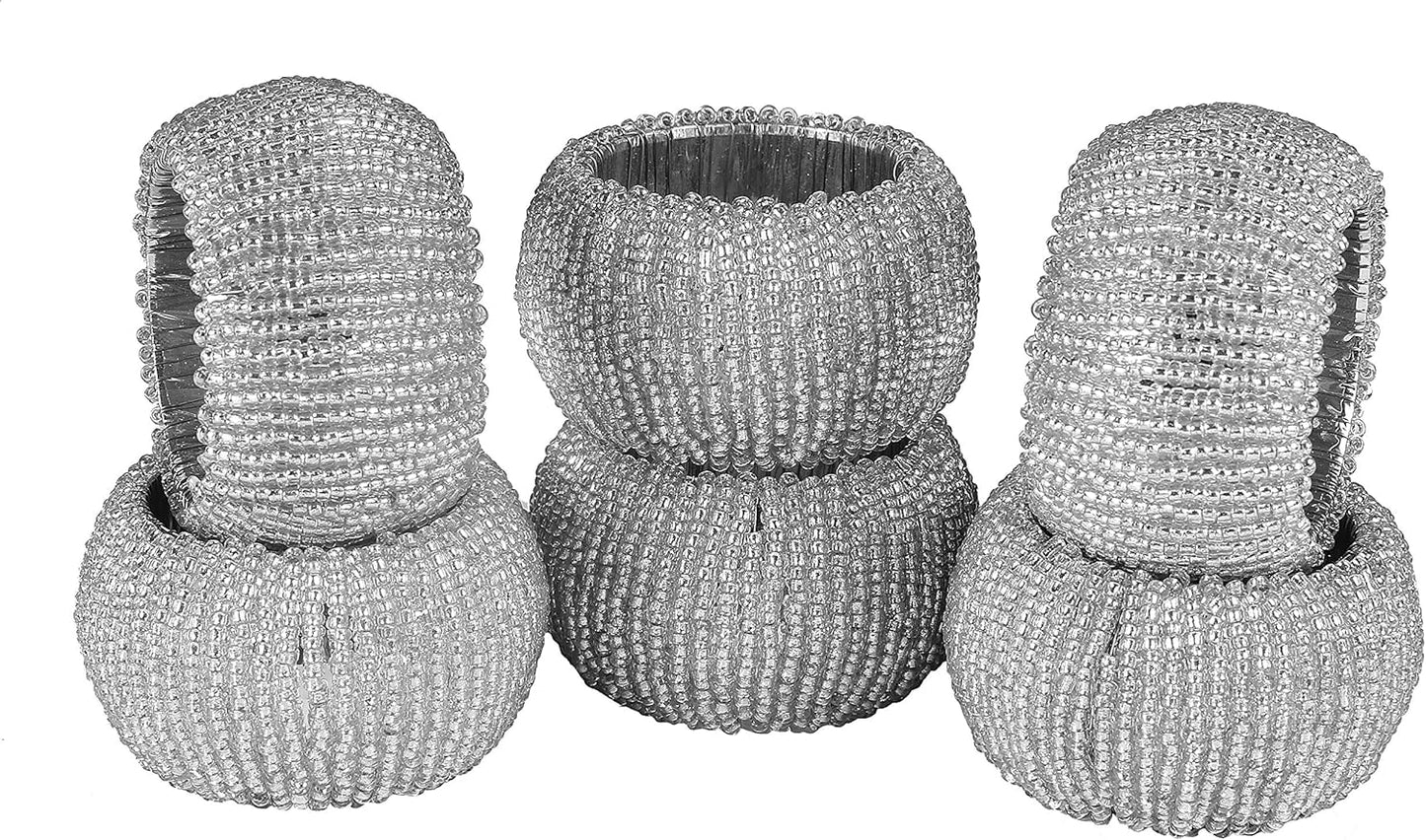 Handmade Beaded Napkin Rings Set of 6 - Silver Napkin Holders, 2-Inch Elegant Table Décor, Handcrafted by Skilled Artisans - Perfect for Weddings, Parties & Everyday Dining