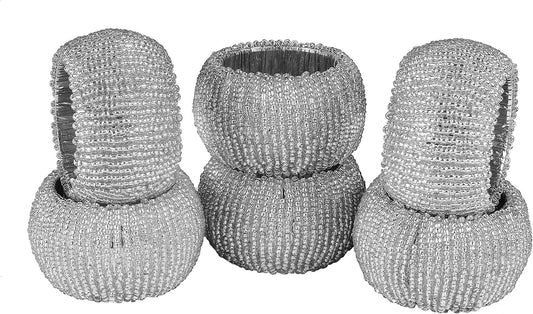 Handmade Beaded Napkin Rings Set of 6 - Silver Napkin Holders, 2-Inch Elegant Table Décor, Handcrafted by Skilled Artisans - Perfect for Weddings, Parties & Everyday Dining