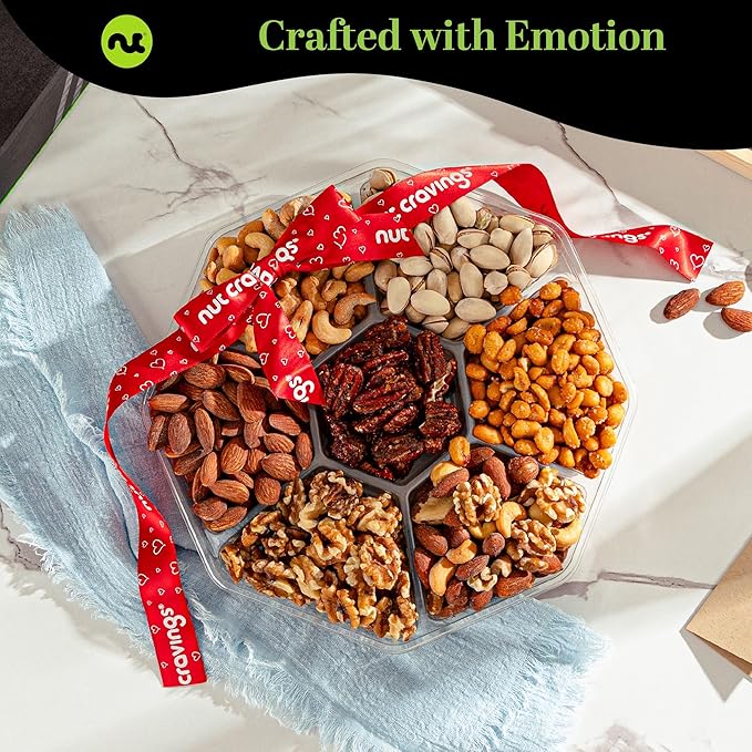 NUT CRAVINGS - Halloween Treats For Adults Mixed Nuts Gift Basket + Heart Ribbon (7 Assortments) Holiday Xmas Christmas Food Arrangement, Healthy Snack Care Package, Food Assortments