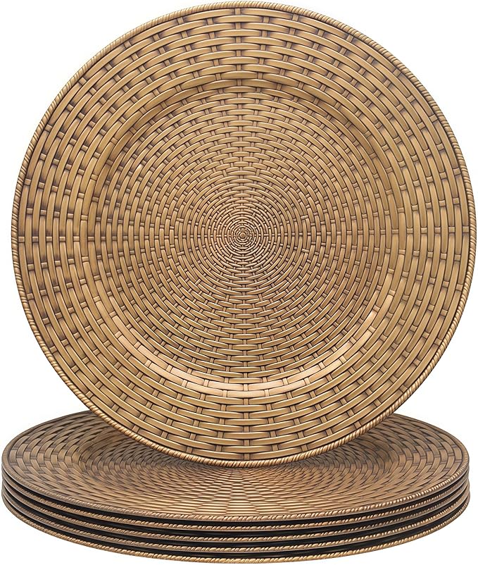 Rattan Chargers for Dinner Plates, 13" Antique Gold Charger Plates, Set of 6 Round Plastic Woven Texture Matte Finish for Wedding & Party (262)