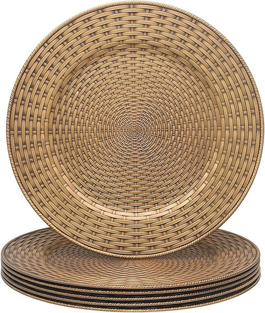 Rattan Chargers for Dinner Plates, 13" Antique Gold Charger Plates, Set of 6 Round Plastic Woven Texture Matte Finish for Wedding & Party (262)