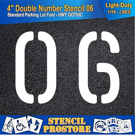 Pavement, Curb, and WheelStop Stencils - 4 inch Double Number Stencil - (06) - 4" x 5.5" x 1/16" (63 mil) - Light-Duty