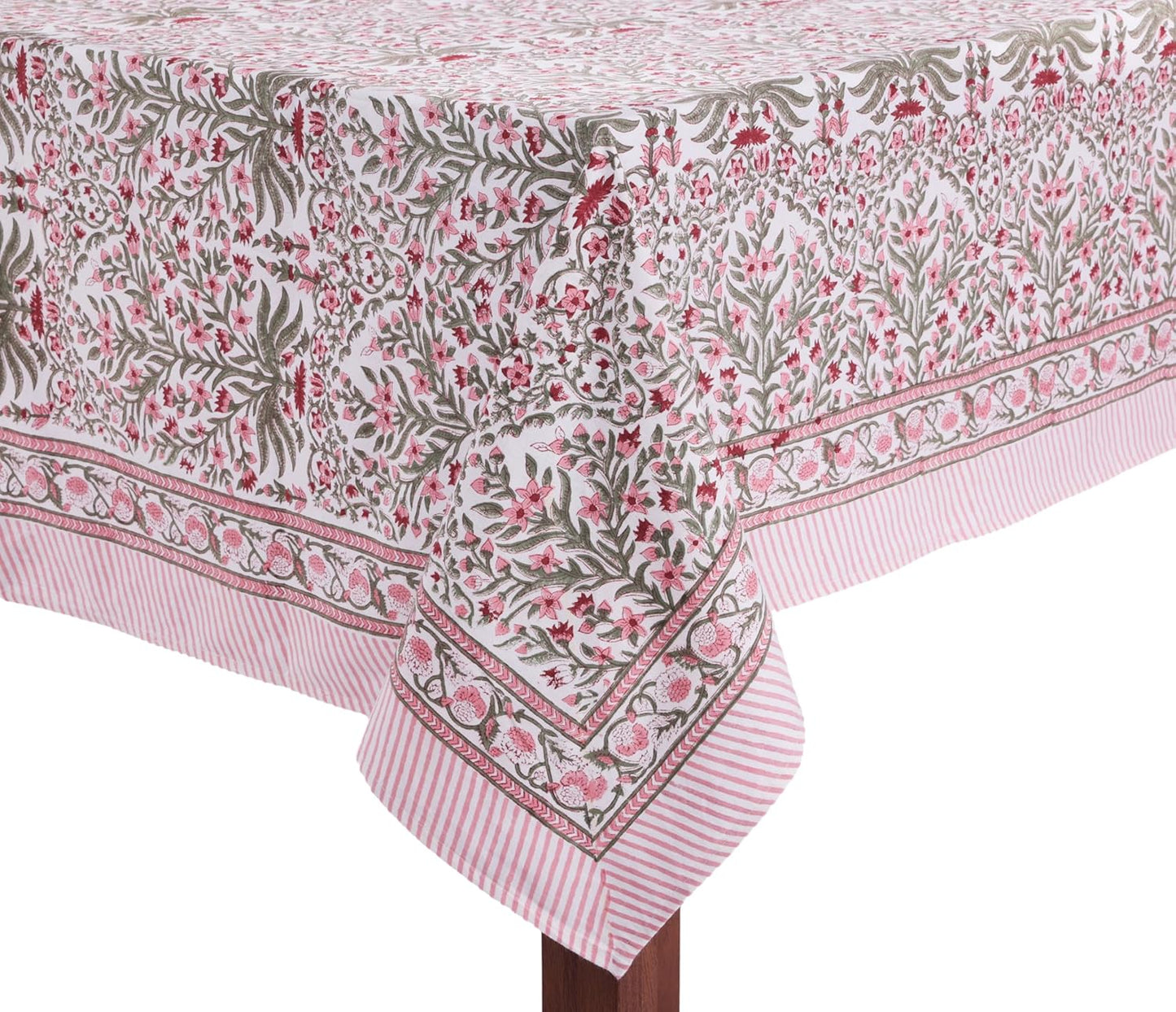ATOSII Nargis Pink 100% Cotton Rectangle Boho Spring Tablecloth, Handblock Floral Table Cloth Linen for Kitchen Dining I Parties Wedding Outdoors Easter Holidays Home Decor 60 X 90 Inches I 6 Seater