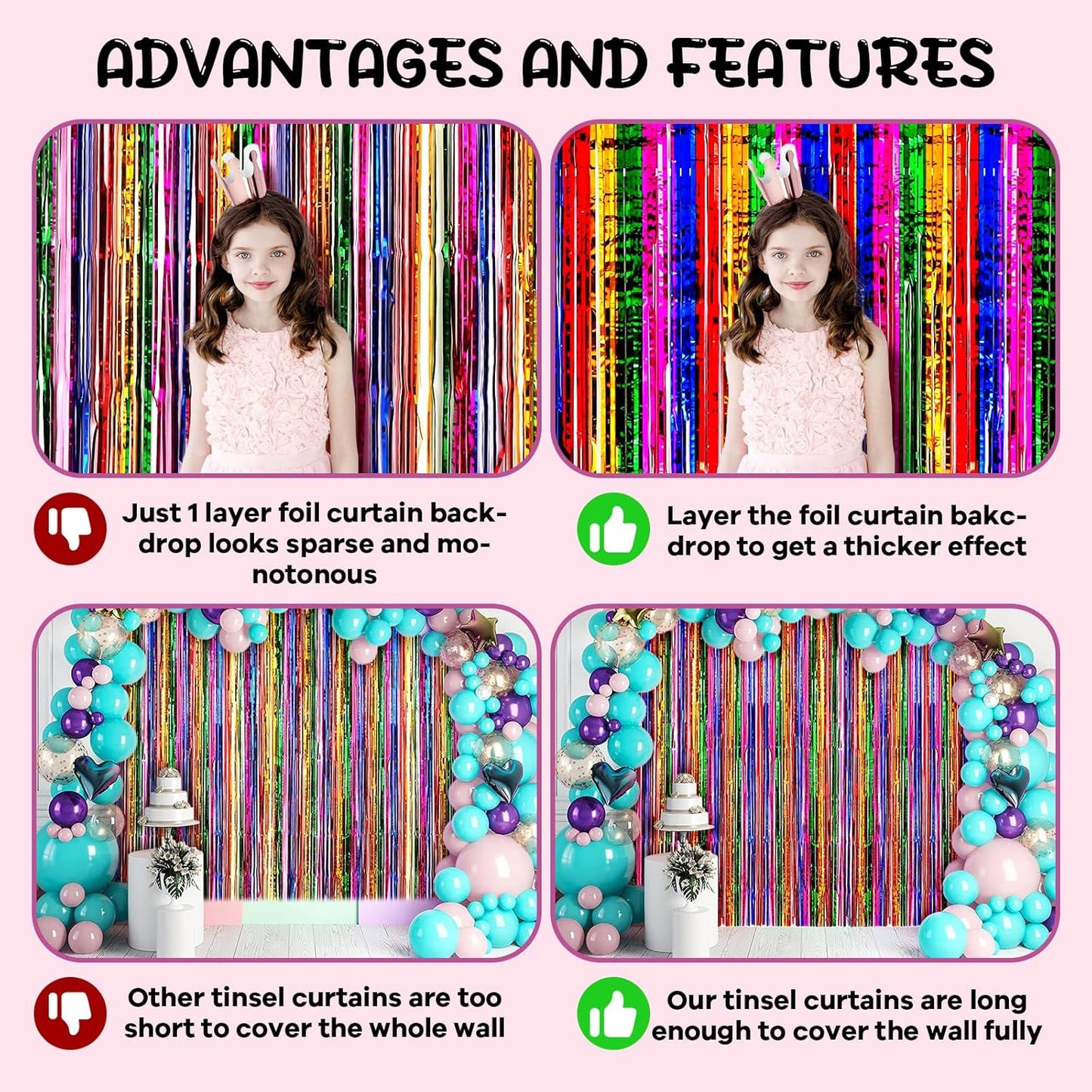 4 Pack 3.3x8.2 Feet Rainbow Foil Fringe Backdrop Curtains, Tinsel Streamers Birthday Party Decorations, Fringe Backdrop for Graduation, Baby Shower, Gender Reveal, Disco Party