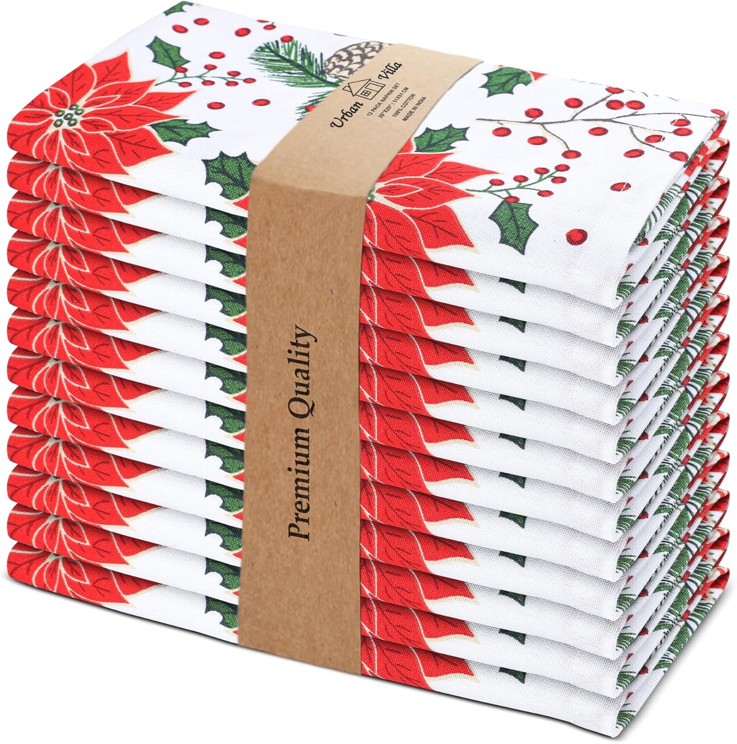 Urban Villa Christmas Dinner Napkins Set of 12 Pine Cone Print Cloth Napkins 100% Cotton Premium Quality 20x20 Inches Over Sized Cloth Napkins with Mitered Corners Durable Hotel Quality