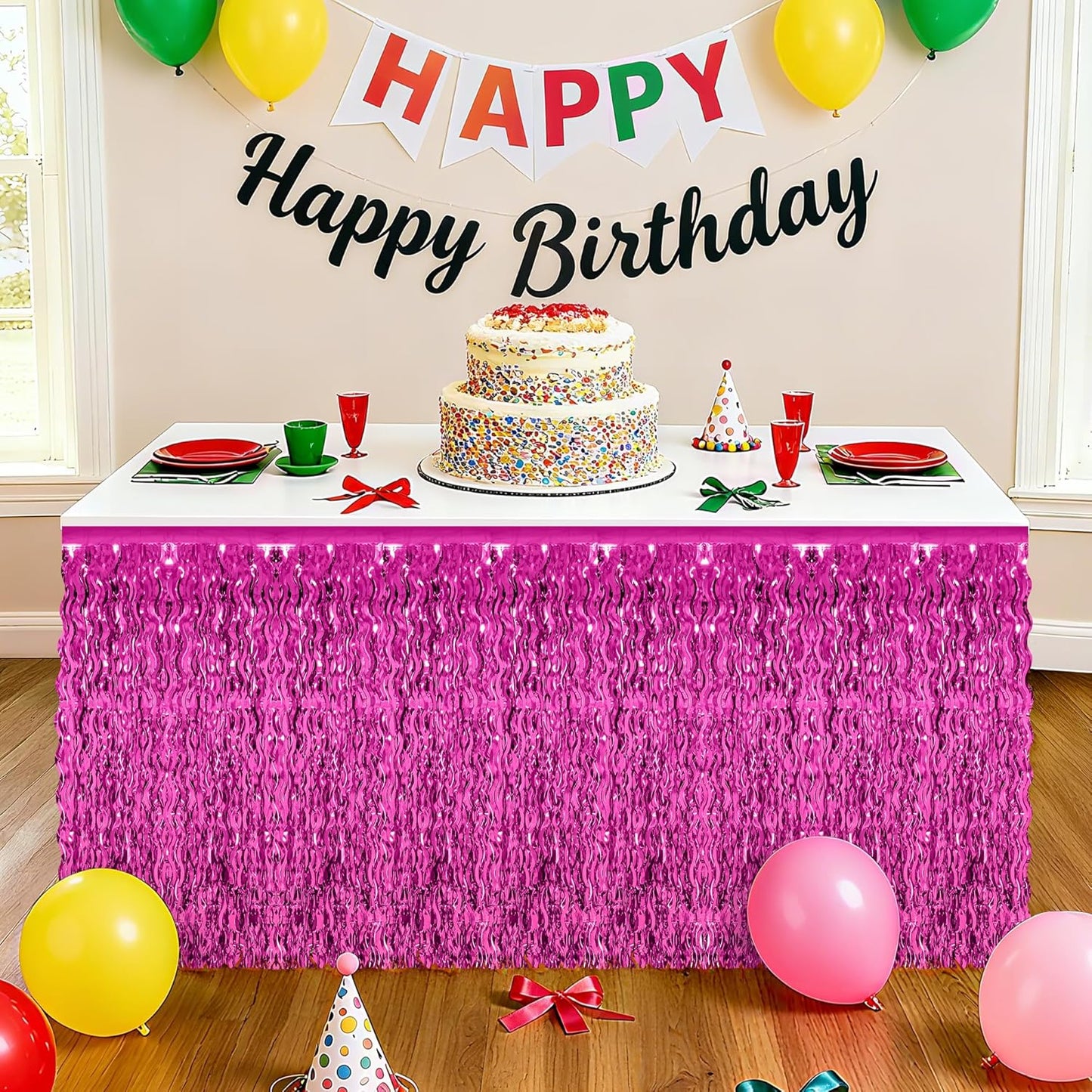 2 Pack Hot Pink Table Skirt Decor, Breast Cancer Awareness Decorations Foil Grass Skirt for Table, Metallic Wavy Tinsel Foil Fringe Table Skirts, Table Foil Skirts Wedding Birthday Valentines Party