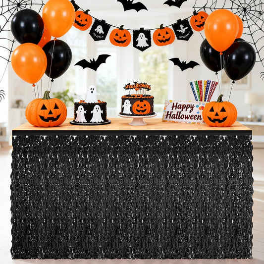 Halloween Table Skirt Decor, 2 Pack Black Foil Grass Desk Skirt, Metallic Wavy Tinsel Foil Fringe Table Skirts, Table Skirts for Graduations Halloween New Years Parade Party Decorations