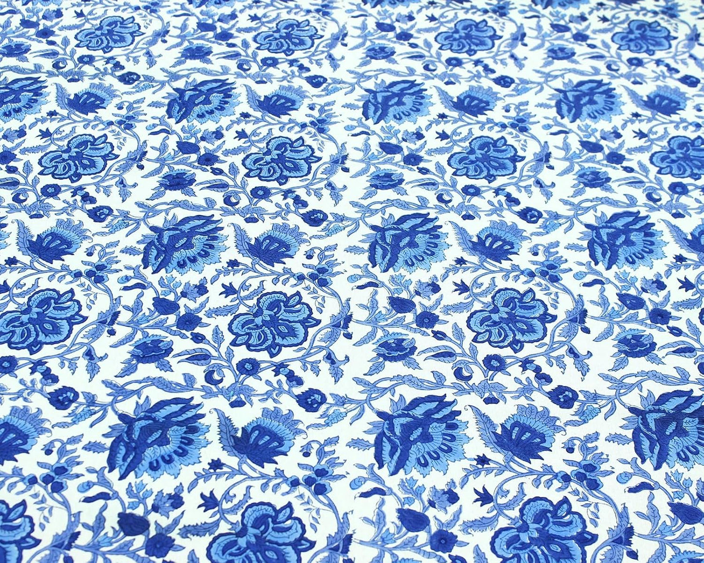 60 Inches Round Hand Block Printed Cotton Tablecloth, Blue White Floral Table Cloths Washable, Indian Table Linen for Dinning Home Decor Autumn Outdoor Thanksgiving 4 Seater