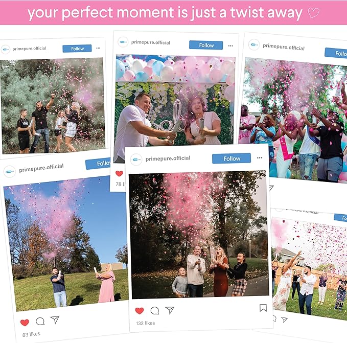 PrimePure Gender Reveal Confetti Cannon - Biodegradable Powder & Heart Shaped Confetti Poppers - Pink, 4 Pack - Baby Girl Gender Reveal Smoke Bombs - Powder Cannon Party Poppers Pink Party Supplies
