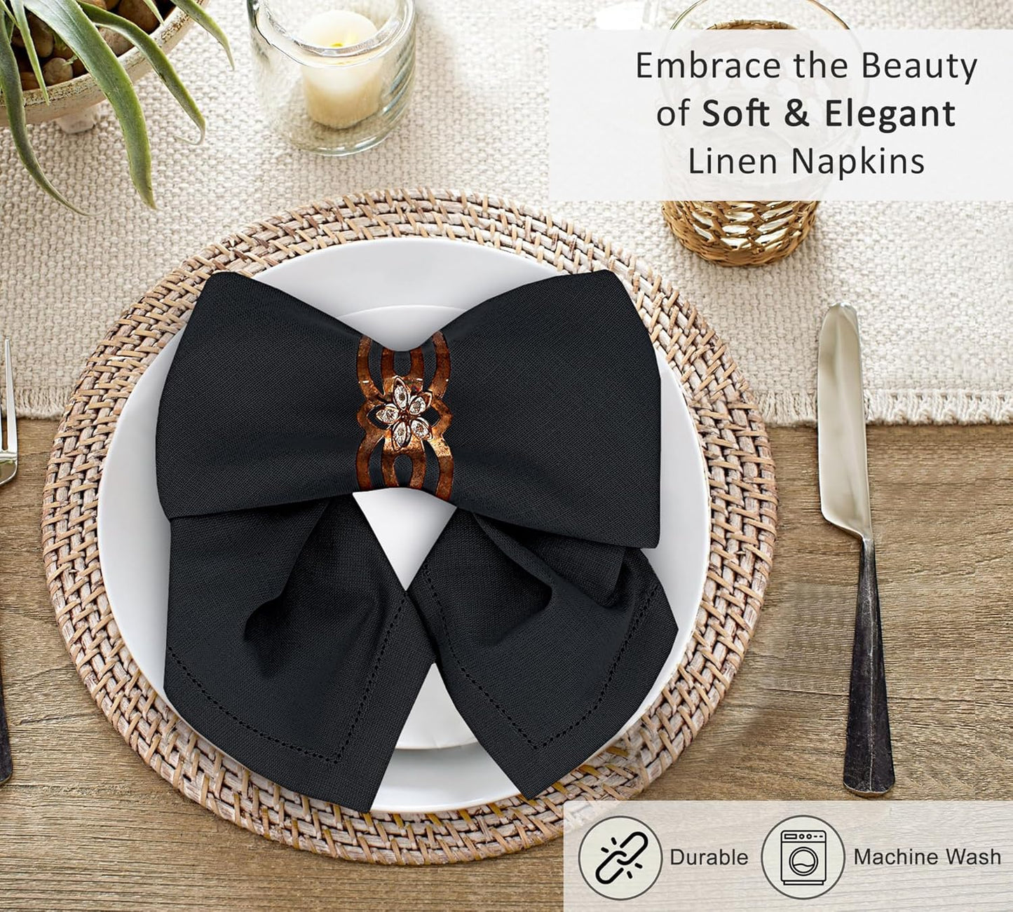Ruvanti Premium Linen Napkins Set of 6-20x20 Inch, Classic Hemstitch, Mitered Corner Cloth Napkins ‎‎- Soft, Elegant Dinner Napkins Cloth Washable for Weddings, Parties, Everyday Use - Black