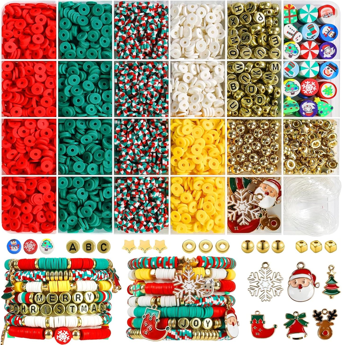Redtwo Christmas Beads for Bracelets, 3000 Pcs Clay Beads Bracelat Making kit Golden Beads Christmas Crafts Decorations Charms for Jewelry Making, Gifts for Teen Girls Age 6-12