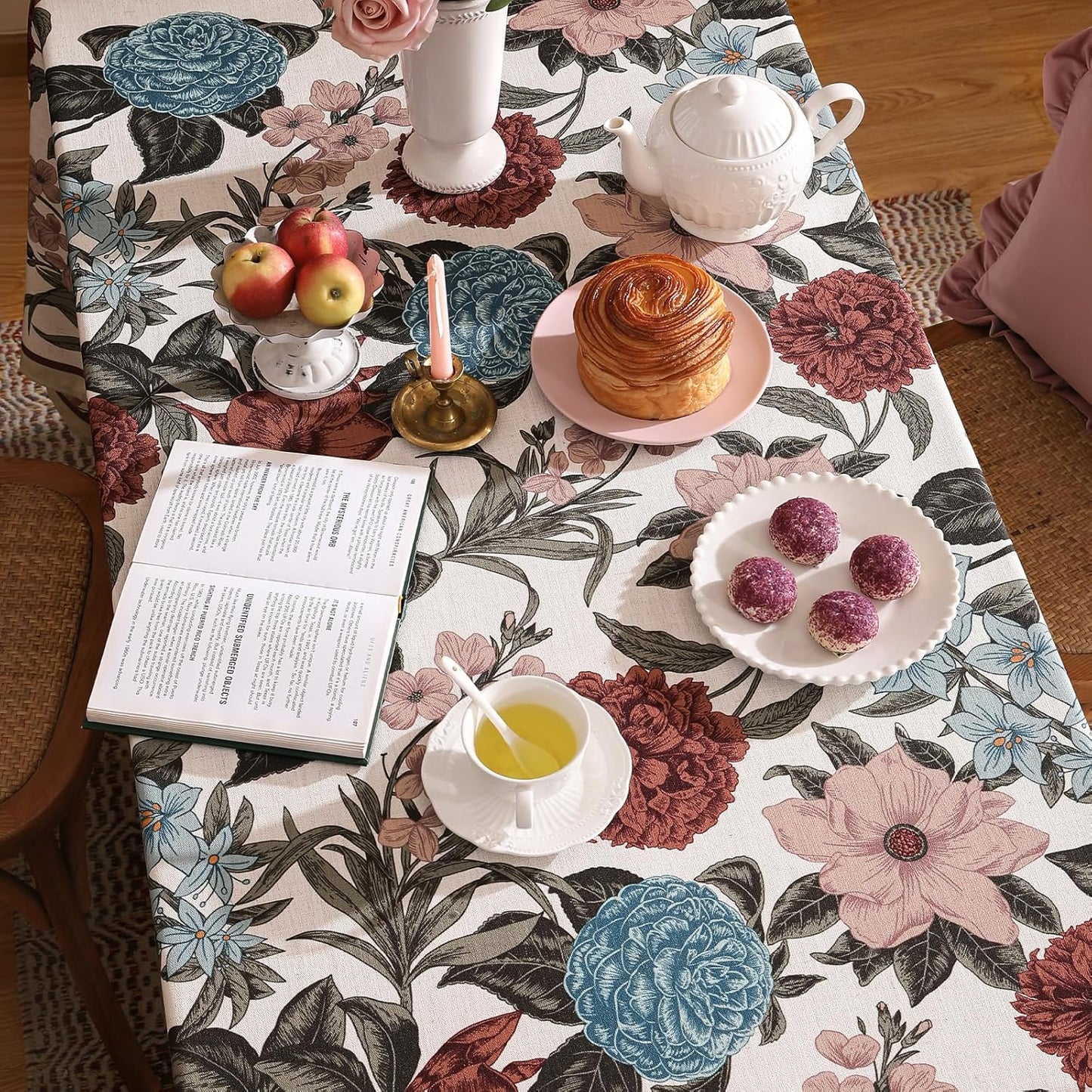Designer French Linen Tablecloth for Rectangle Table,Red and Blue Floral Rustic Durable Tablecloths,Decor Table Cover for Kitchen,Dining,Thanksgiving,Christmas,55"*87"-Burgundyred