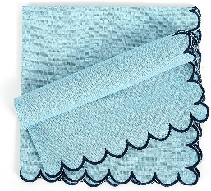 FINGERCRAFT Cloth Napkins, Everyday Use Scallop Design, Premium Quality Cotton Napkin Set of 6 Perfect for Parties Dinners Weddings Easter Napkin Cloth 20x20 inch Aqua/Navy