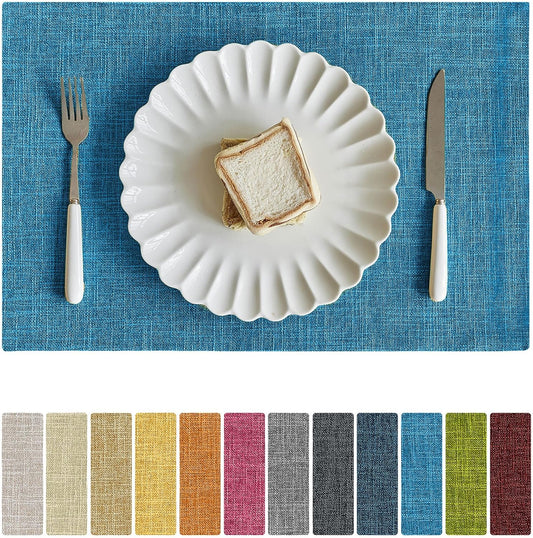 Softalker Faux Linen Placemats Set of 4-12 x 18 Inch, Heat Resistant Double Layered Durable Burlap Farmhouse Place Mats, Non-Slip Washable Rustic Table Mats for Dining, Kitchen, Party（Sky Blue