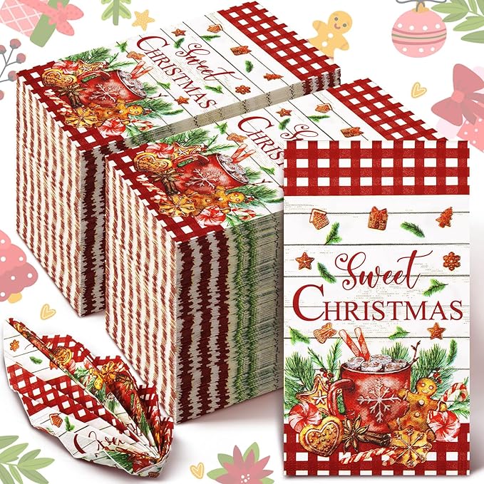 Karenhi 200 Pcs Christmas Gingerbread Napkins 2 Ply Red and White Buffalo Plaid Xmas Paper Napkins Disposable Hand Towel for Bathroom Decorative Napkin Paper Hand Towels Christmas Decorations