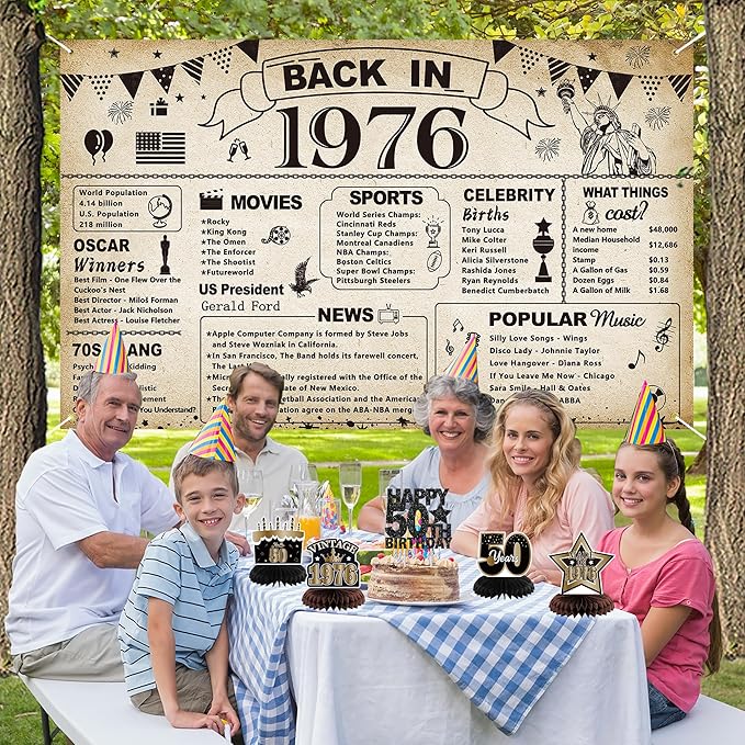 DARUNAXY 50th Birthday Party Decorations for Men Women, Vintage Back in 1976 Banner, Black 50 Number Balloons & Cake Topper, Vintage 1976 50 Birthday Honeycomb Hanging Swirl Confetti Balloons(30PC)