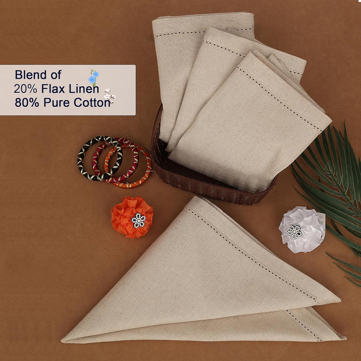 Ruvanti Premium Linen Napkins Set of 6-20x20 Inch, Classic Hemstitch, Mitered Corner Cloth Napkins ‎- Soft, Elegant Dinner Napkins Cloth Washable for Weddings, Parties, Everyday Use - Natural