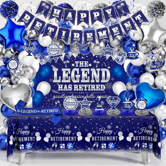 Retirement Party Decorations, 109Pcs Blue Silver Happy Retirement Decorations for Men Women, The Legend Has Retired Backdrop Sash Banner Tablecloth Pompoms Centerpiece Hanging Swirls Balloons