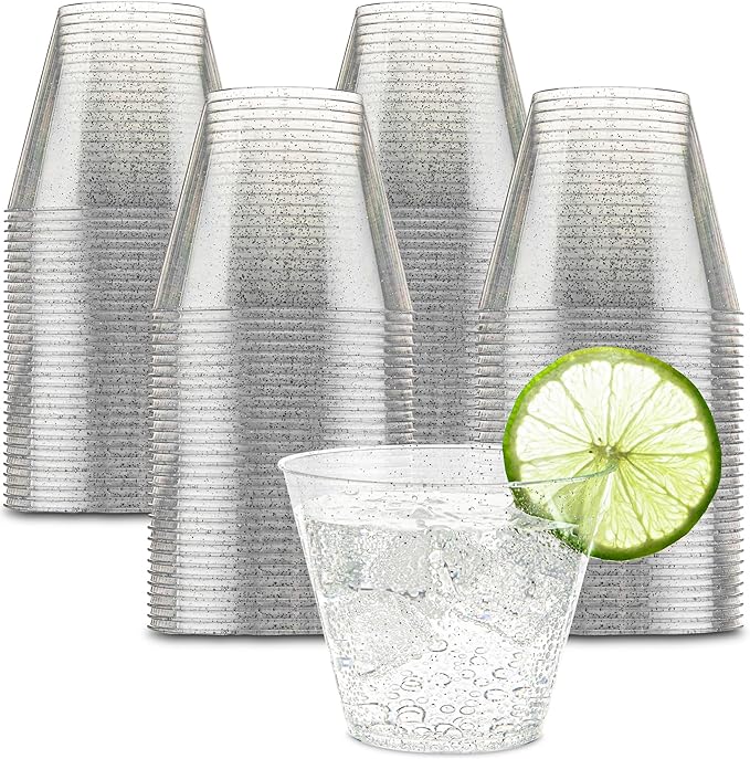 PLASTICPRO 9 oz Disposable Plastic Party Cups,Old fashioned Designed Tumblers, Silver Glitter 100 Count,