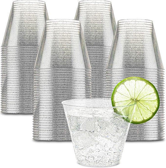 PLASTICPRO 9 oz Disposable Plastic Party Cups,Old fashioned Designed Tumblers, Silver Glitter 100 Count,