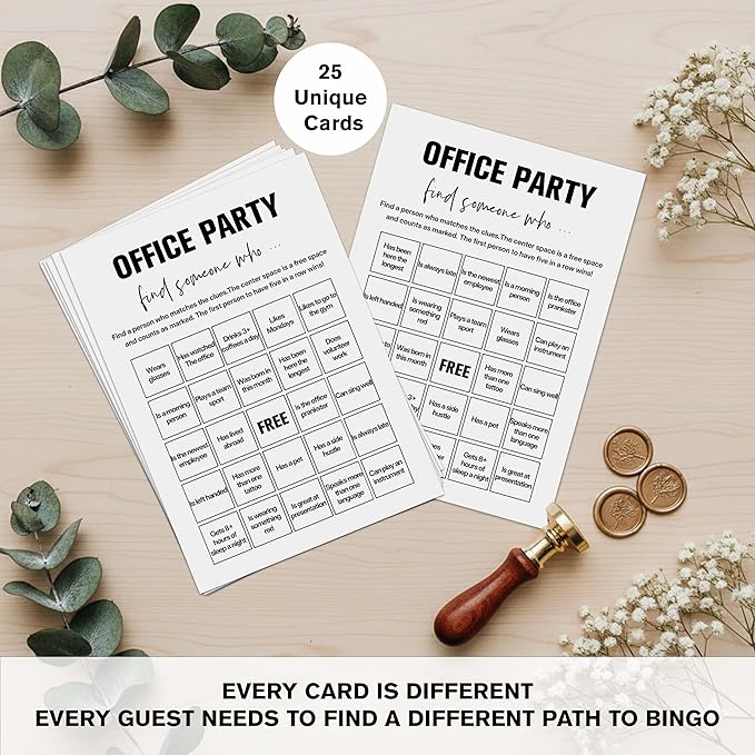 Sahjzk Office Bingo Cards, 25 Unique Randomized 5x7 Sheets, Get to Know You Bingo Game for Adults, Ice Breaker Office Party Games, Team Building Games for Work, High Replay Value - B005
