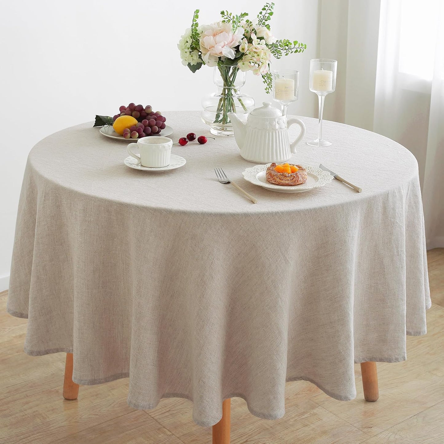 Linen World Linen Tablecloth,100% French Linen Round Tablecloth 90" Inch,Washable Natural Tablecloth for Dining,Outdoor,Weddings and Restaurants,Decorative Thanksgiving Christmas