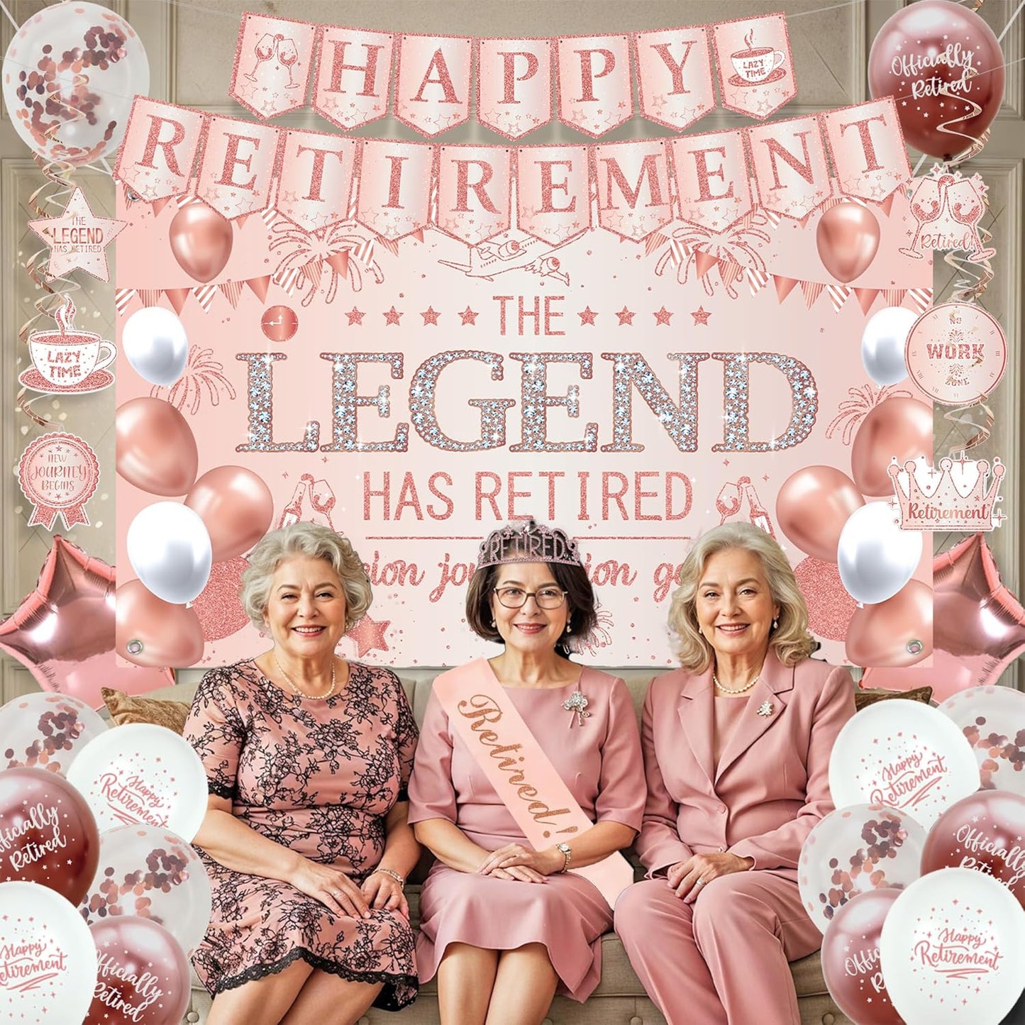 Roetyce Retirement Party Decorations Women, Rose Gold Happy Retirement Banner Backdrop Balloons Hanging Swirls for Coworker Family, Pink Lengend Has Retired Sash & Crown, Office Retired Background