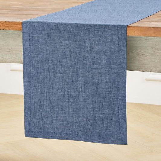 Solino Home Linen Table Runner 132 Inches Long - Athena, 100% Pure Linen Blue Denim Dining Table Runner 14 x 132 Inch for Christmas