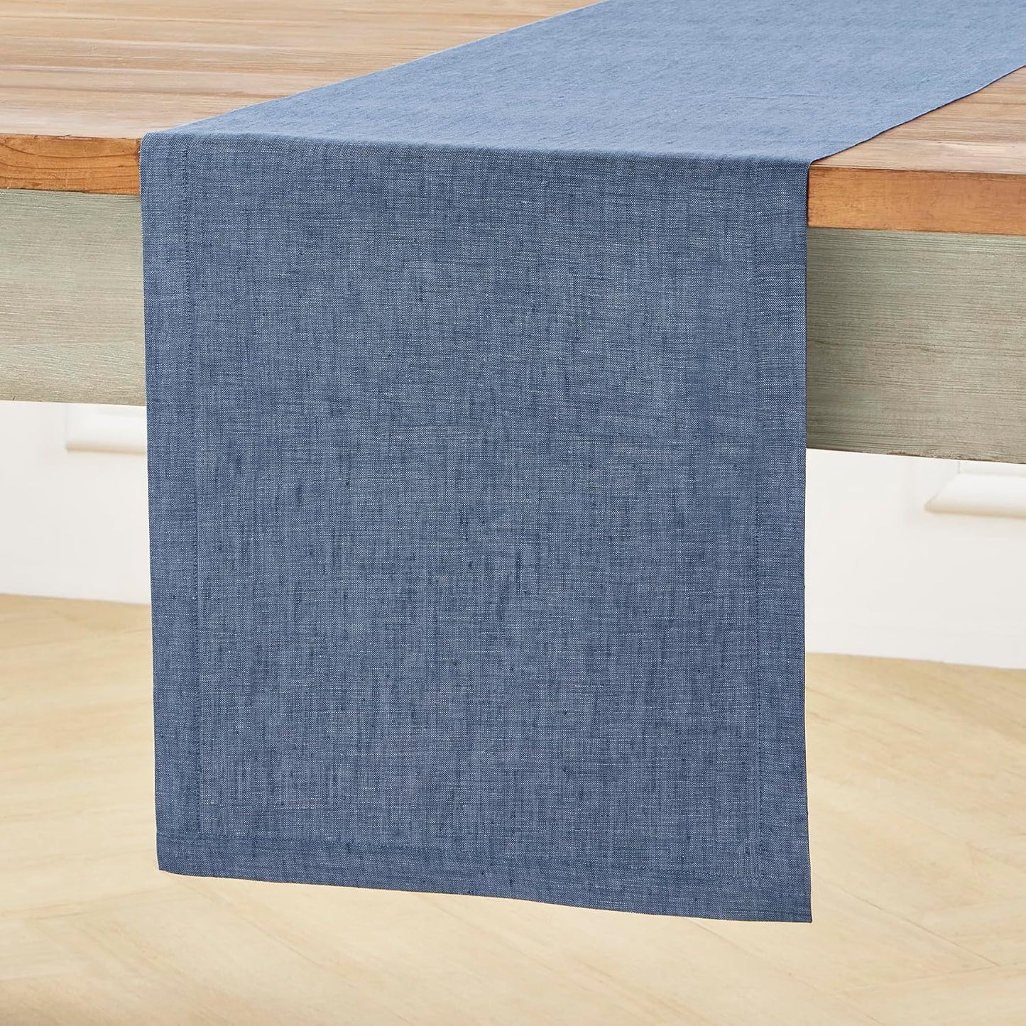 Solino Home Linen Table Runner 144 Inches Long - Athena, 100% Pure Linen Blue Denim Dining Table Runner 14 x 144 Inch for Christmas