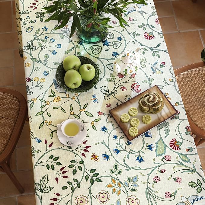 Linen Table Cloth Rectangle,Wrinkle Resistant French White and Green Tablecloth Print with Froal,Decor Stitch Table Cloth for Thanksgiving,Dining Room,Home,55" × 79"-Idaho A