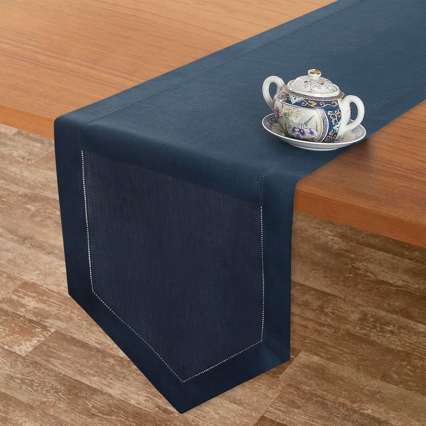 D'Moksha Homes Navy Blue Linen Table Runner 60 Inches Long - 100% Pure Linen Diamond Table Runner 14 x 60 Inch for Dining, Fall and Halloween - Machine Washable